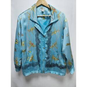 Mureli Embroidered Jacket Blue Long Sleeve Collared 100% Silk Women Size M